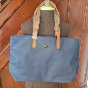 Joy Mangano Blue Leather Tote Bag With Brown Handles